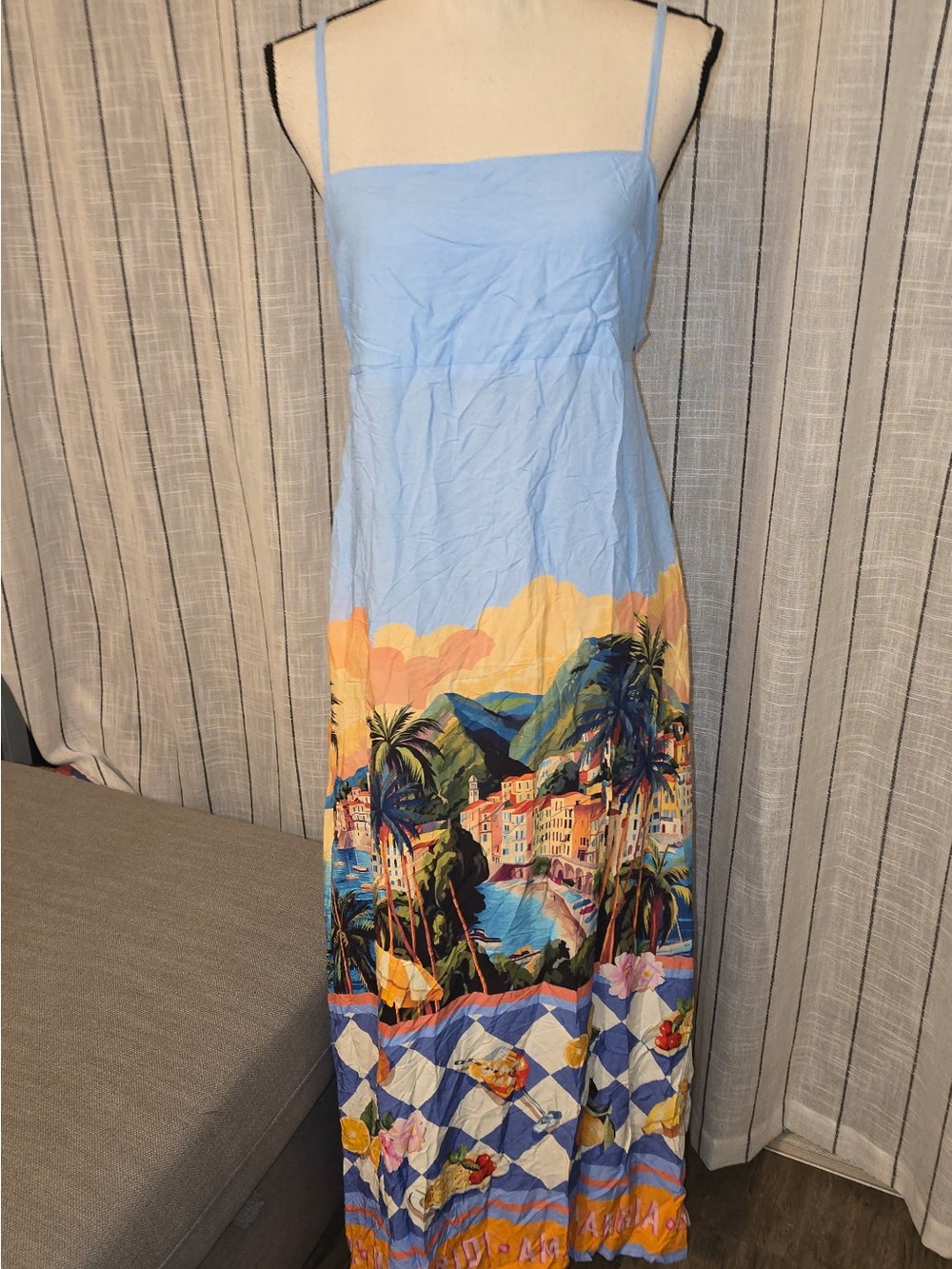 Light Blue Scenic Print Maxi Dress with Tropical Coast Motif